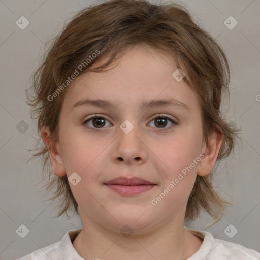 Joyful white child female with medium  brown hair and brown eyes