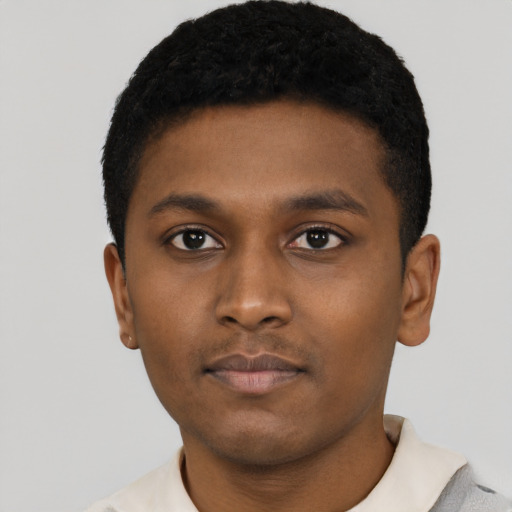 Neutral black young-adult male with short  black hair and brown eyes