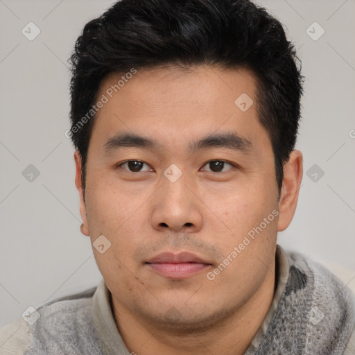 Neutral asian young-adult male with short  black hair and brown eyes