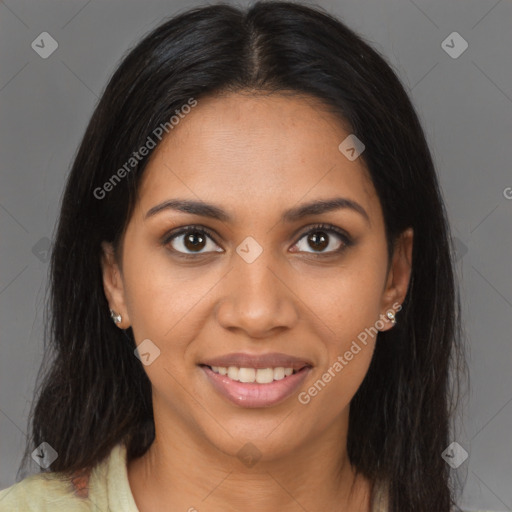 Joyful black young-adult female with medium  brown hair and brown eyes