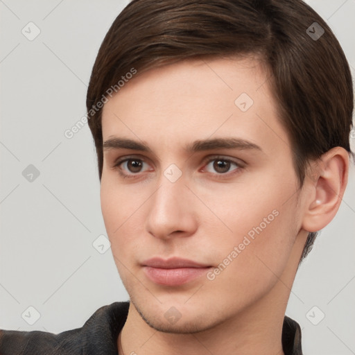 Neutral white young-adult male with short  brown hair and brown eyes