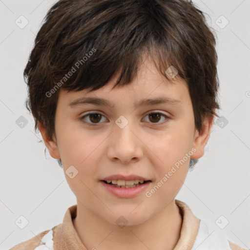 Joyful white child female with medium  brown hair and brown eyes