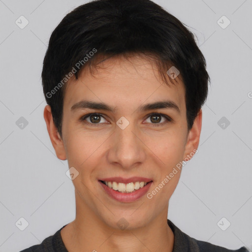 Joyful white young-adult male with short  brown hair and brown eyes