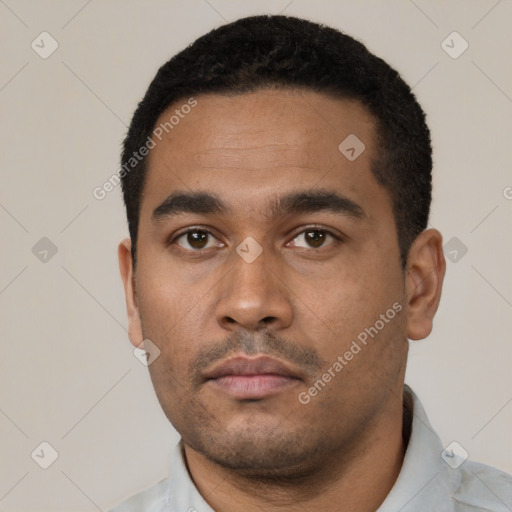 Neutral latino young-adult male with short  black hair and brown eyes