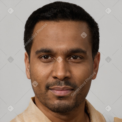 Neutral black young-adult male with short  black hair and brown eyes