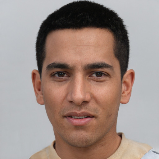 Neutral white young-adult male with short  black hair and brown eyes