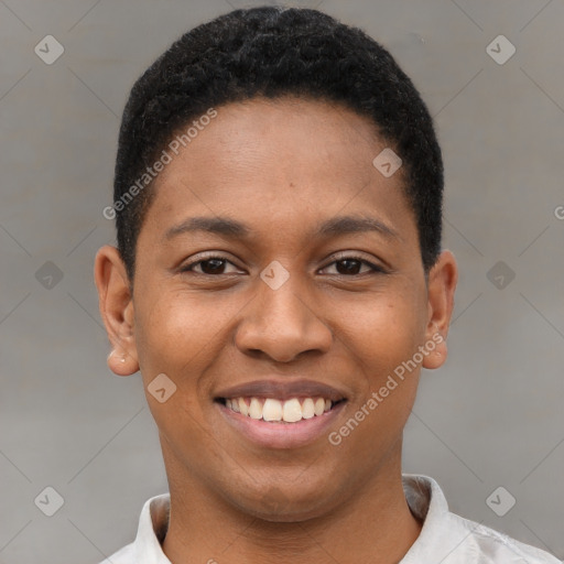 Joyful black young-adult male with short  black hair and brown eyes