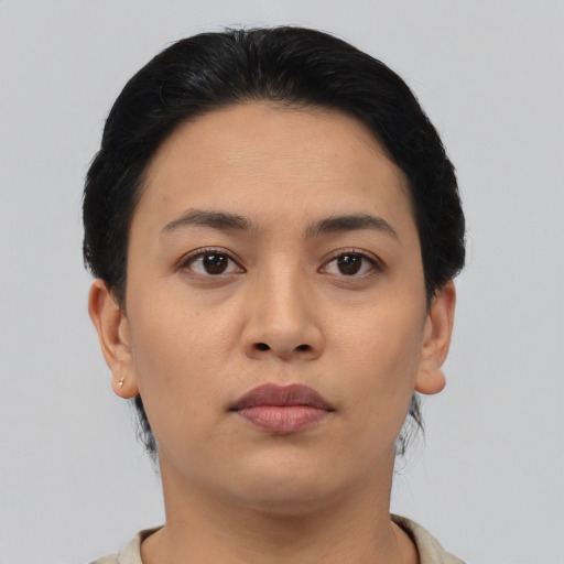 Neutral asian young-adult female with short  black hair and brown eyes