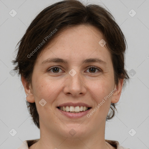 Joyful white adult female with medium  brown hair and brown eyes