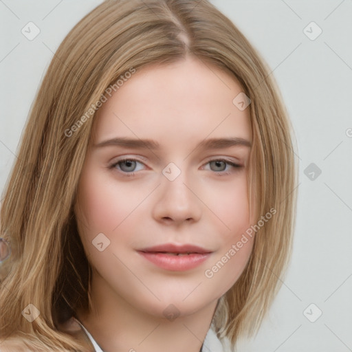 Neutral white young-adult female with medium  brown hair and grey eyes