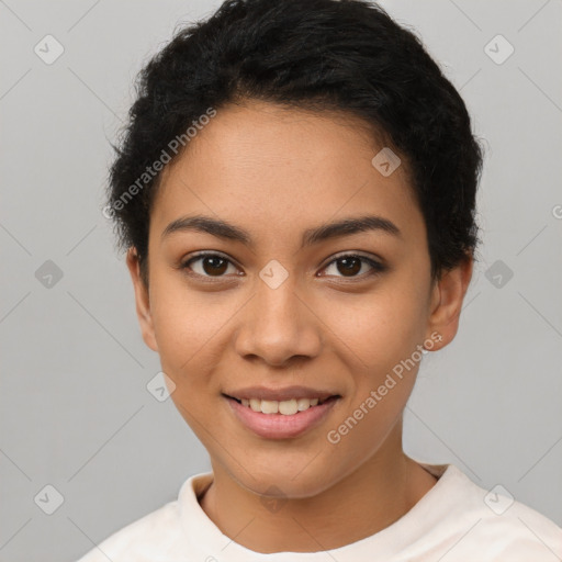 Joyful latino young-adult female with short  black hair and brown eyes