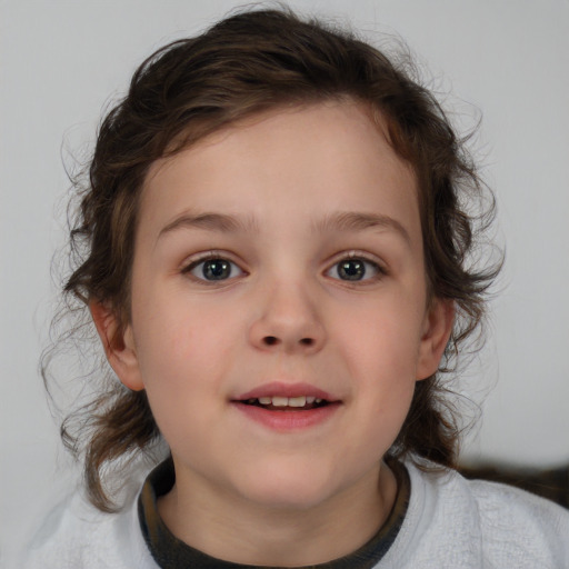 Joyful white child female with medium  brown hair and brown eyes