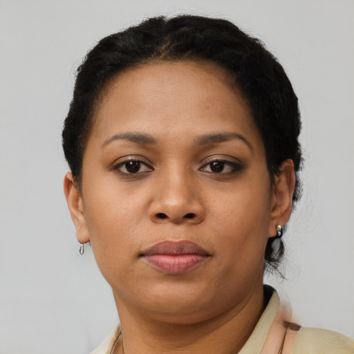 Neutral black young-adult female with short  brown hair and brown eyes