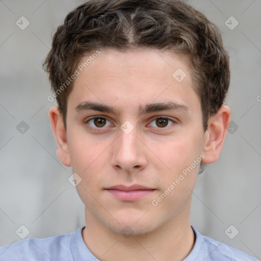 Neutral white young-adult male with short  brown hair and grey eyes