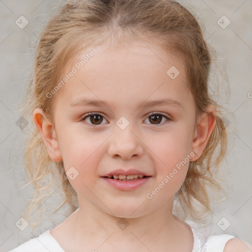 Joyful white child female with medium  brown hair and brown eyes