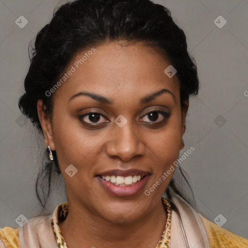 Joyful latino young-adult female with short  brown hair and brown eyes