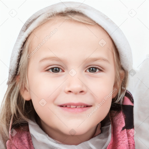 Joyful white child female with medium  brown hair and blue eyes