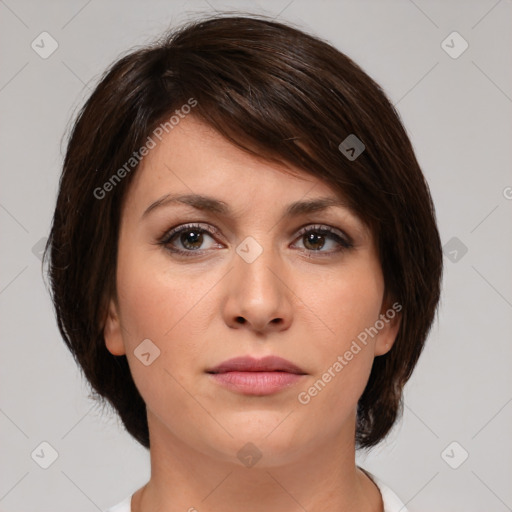 Neutral white young-adult female with medium  brown hair and brown eyes