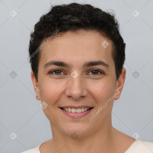 Joyful white young-adult female with short  brown hair and brown eyes