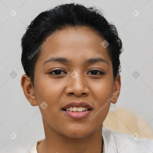 Joyful latino young-adult female with short  brown hair and brown eyes