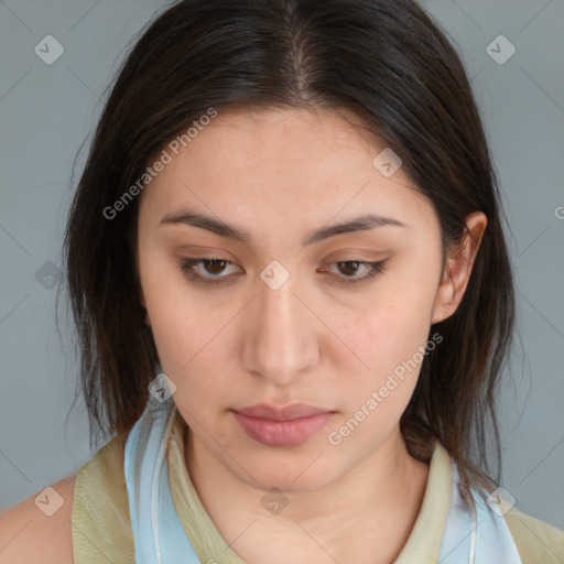 Neutral white young-adult female with medium  brown hair and brown eyes