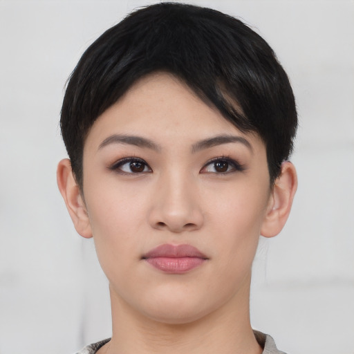 Neutral asian young-adult female with short  black hair and brown eyes