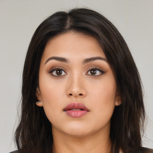 Neutral asian young-adult female with long  brown hair and brown eyes