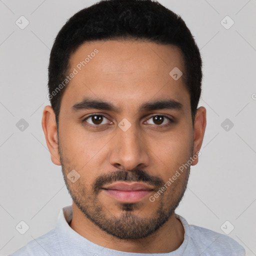 Neutral latino young-adult male with short  black hair and brown eyes