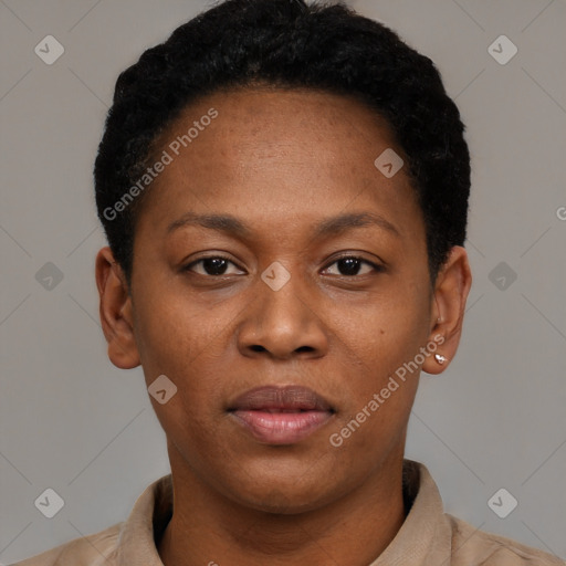 Neutral black young-adult female with short  black hair and brown eyes