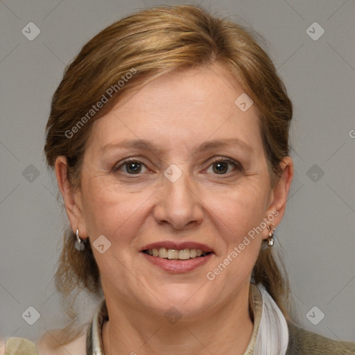 Joyful white adult female with medium  brown hair and brown eyes