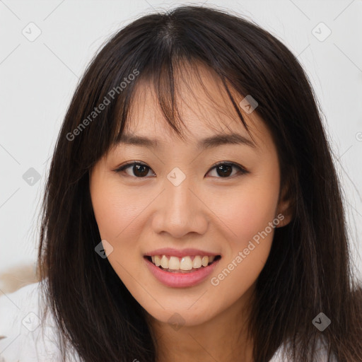 Joyful white young-adult female with long  brown hair and brown eyes