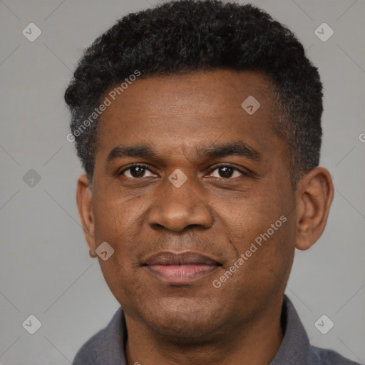 Joyful black adult male with short  black hair and brown eyes