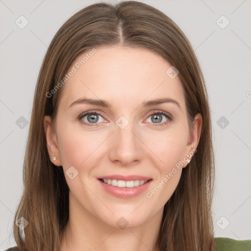 Joyful white young-adult female with long  brown hair and grey eyes