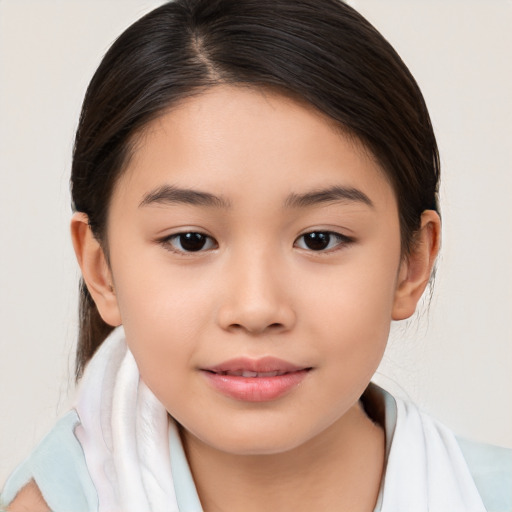 Joyful white child female with medium  brown hair and brown eyes