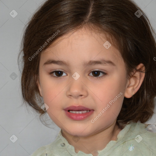 Joyful white child female with medium  brown hair and brown eyes