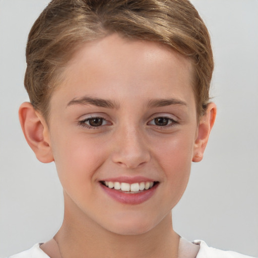 Joyful white child female with short  brown hair and brown eyes