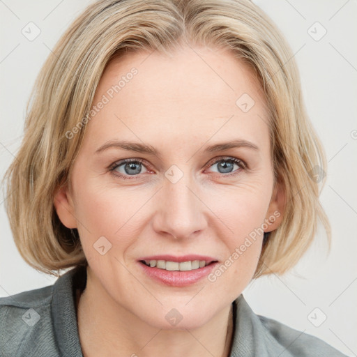 Joyful white young-adult female with medium  brown hair and blue eyes