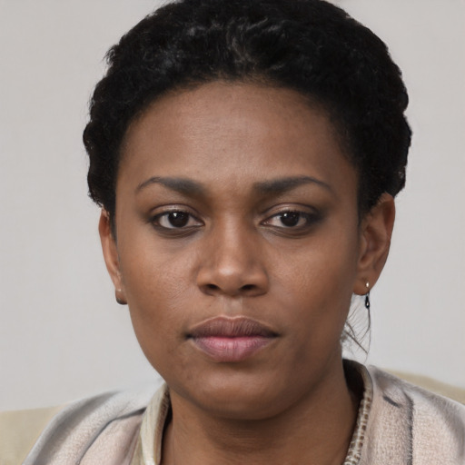 Neutral black young-adult female with short  black hair and brown eyes