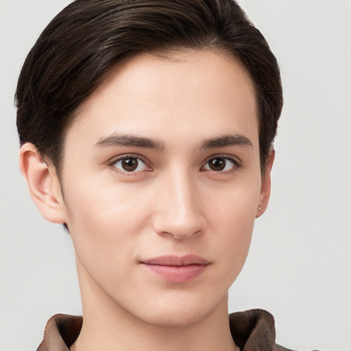 Neutral white young-adult female with short  brown hair and brown eyes