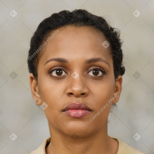 Neutral black young-adult female with short  brown hair and brown eyes