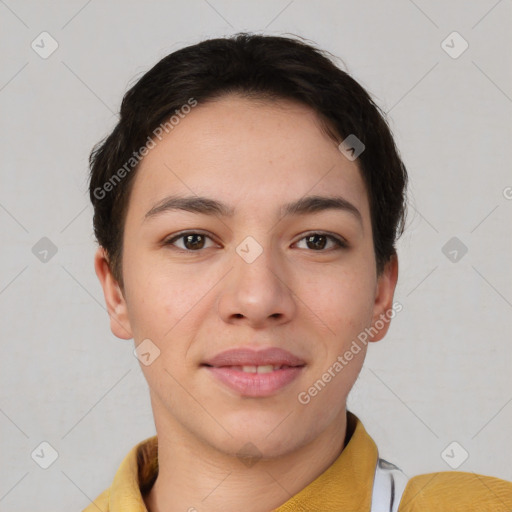 Joyful white young-adult female with short  brown hair and brown eyes