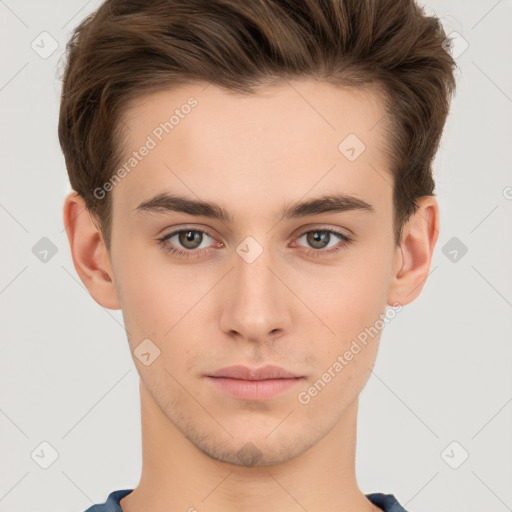 Neutral white young-adult male with short  brown hair and brown eyes