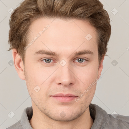 Neutral white young-adult male with short  brown hair and grey eyes