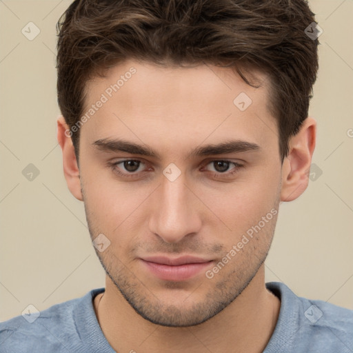 Neutral white young-adult male with short  brown hair and brown eyes