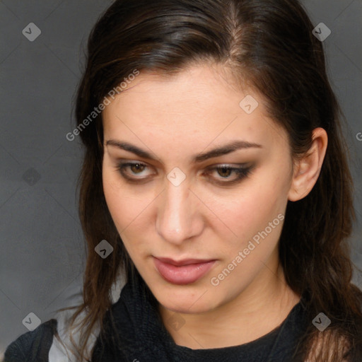 Neutral white young-adult female with long  brown hair and brown eyes