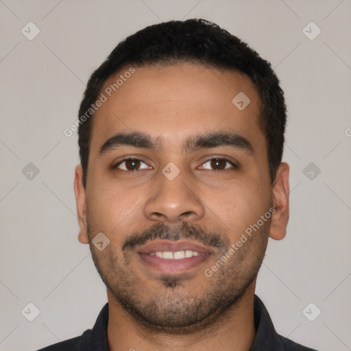 Neutral latino young-adult male with short  black hair and brown eyes