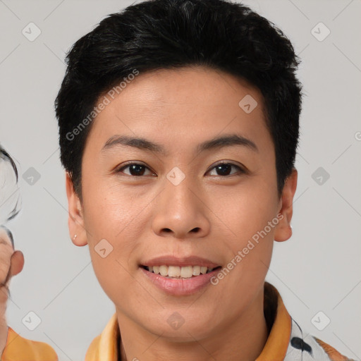 Joyful asian young-adult female with short  brown hair and brown eyes
