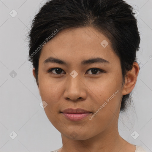 Joyful asian young-adult female with short  brown hair and brown eyes