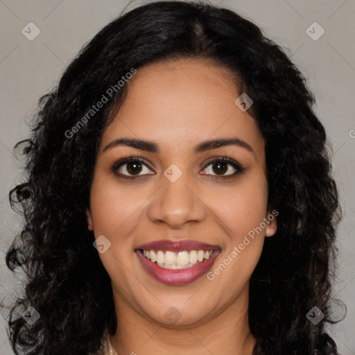 Joyful latino young-adult female with long  brown hair and brown eyes