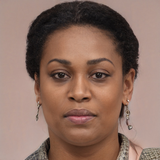 Neutral black young-adult female with short  brown hair and brown eyes